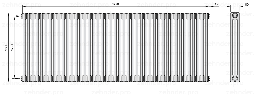 Схема (чертеж) Радиатор Zehnder Charleston 3180/43 №1270 Technoline TL